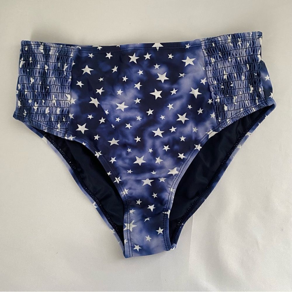 Cyn & Luca Women’s High Waist High Leg Bikini Bottom Size S Blue with Stars